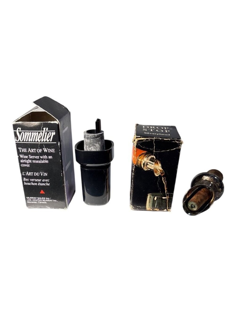 Drop- top Silverplated Wine Pourer & Sommelier Resealable Wine Server Orig Boxes